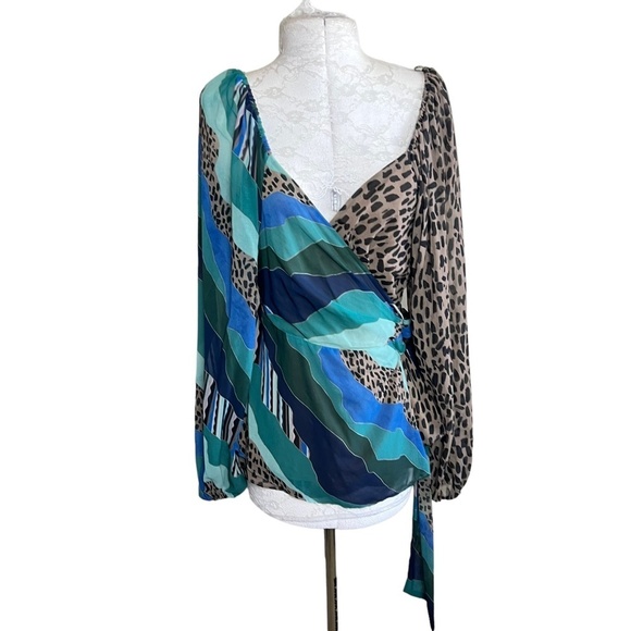 ANTHROPOLOGIE | Hutch Long Sleeve Wrap Top Mixed Print Oli Blouse Cheetah - Picture 3 of 8